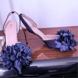 Elegant Navy Blue Satin Slingback Heels w/ Flower